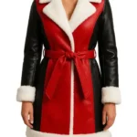 Women Red and Black Leather Shearling Coat