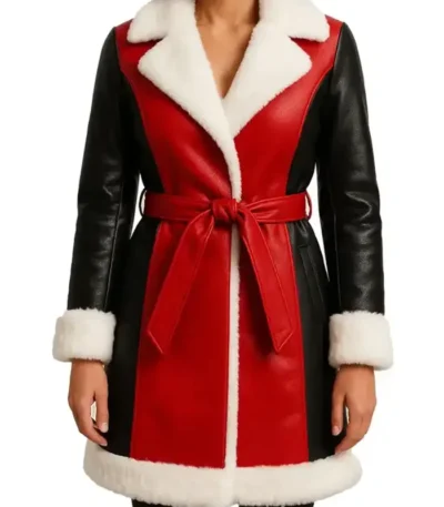 Women Red and Black Leather Shearling Coat