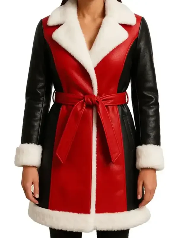 Women Red and Black Leather Shearling Coat