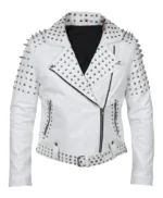 Women White Leather Jacket With Cone Studs