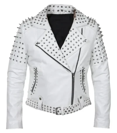 Women White Leather Jacket With Cone Studs