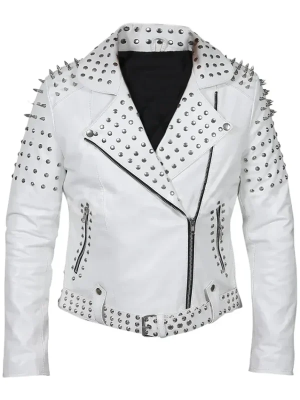 Women White Leather Jacket With Cone Studs