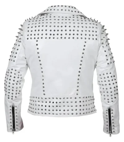 Women White Leather Jacket With Cone Studs