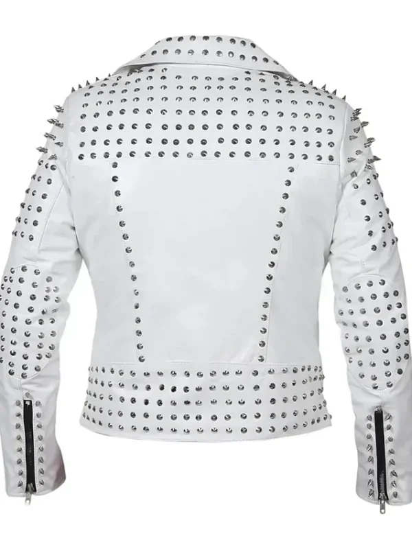 Women White Leather Jacket With Cone Studs
