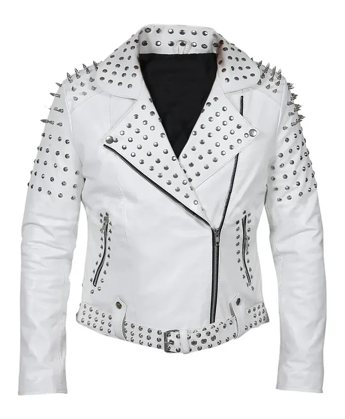 Women White Leather Jacket With Cone Studs Women White Leather Jacket With Cone Studs