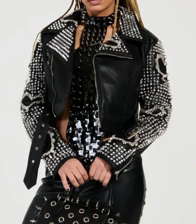 Womens Black Punk Embellised Motorcycle Jacket