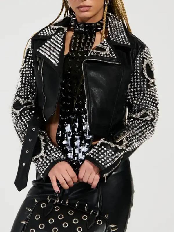 Womens Black Punk Embellised Motorcycle Jacket
