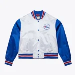 Womens Philadelphia 76ers Cropped White and Blue Satin Jacket
