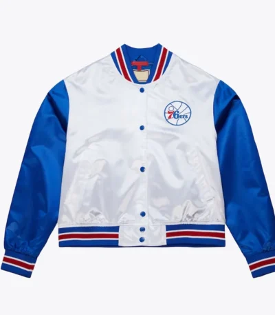 Womens Philadelphia 76ers Cropped White and Blue Satin Jacket