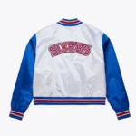 Womens Philadelphia 76ers Cropped White and Blue Satin Jacket