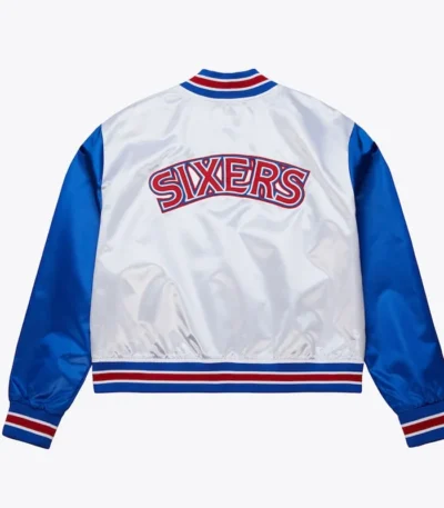 Womens Philadelphia 76ers Cropped White and Blue Satin Jacket