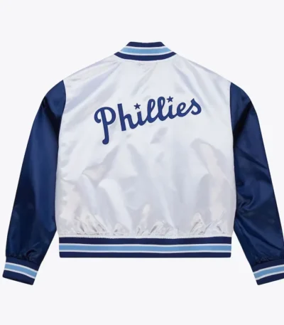 Womens Philadelphia Blue Jays Cropped White and Blue Satin Jacket