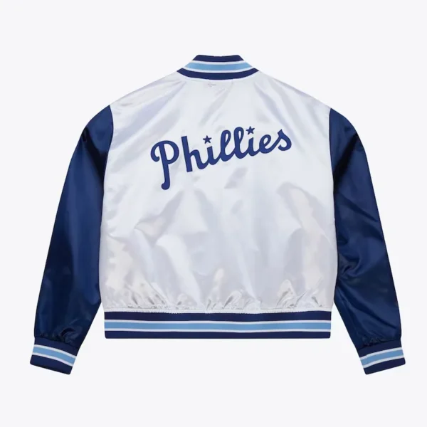 Womens Philadelphia Blue Jays Cropped White and Blue Satin Jacket