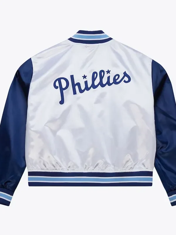 Womens Philadelphia Blue Jays Cropped White and Blue Satin Jacket