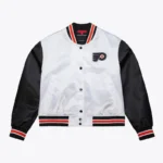 Womens Philadelphia Flyers Cropped White and Black Satin Jacket