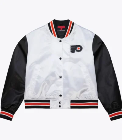Womens Philadelphia Flyers Cropped White and Black Satin Jacket