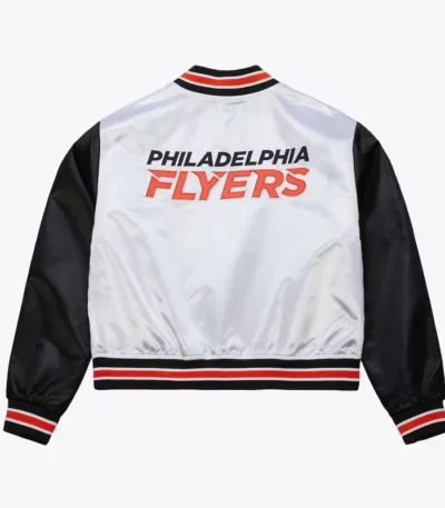 Womens Philadelphia Flyers Cropped White and Black Satin Jacket