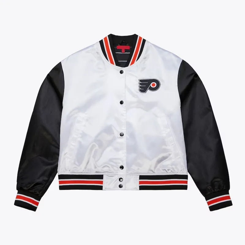 Womens Philadelphia Flyers Cropped White and Black Satin Jacket Womens Philadelphia Flyers Cropped White and Black Satin Jacket