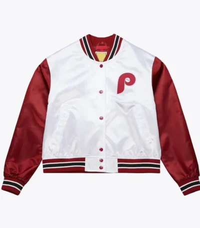 Womens Philadelphia Phillies Cropped White and Red Satin Jacket