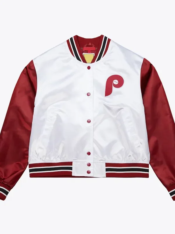 Womens Philadelphia Phillies Cropped White and Red Satin Jacket