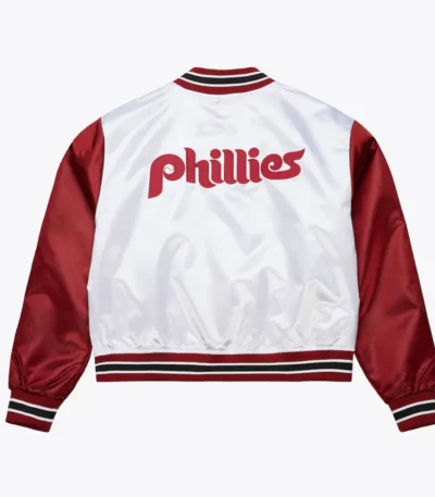 Womens Philadelphia Phillies Cropped White and Red Satin Jacket