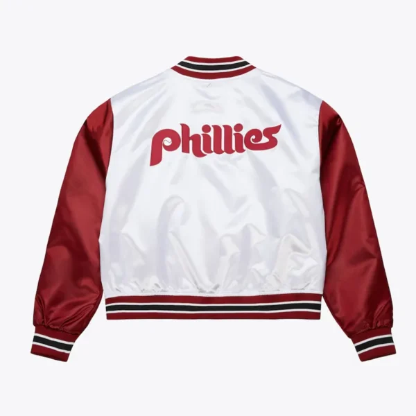 Womens Philadelphia Phillies Cropped White and Red Satin Jacket