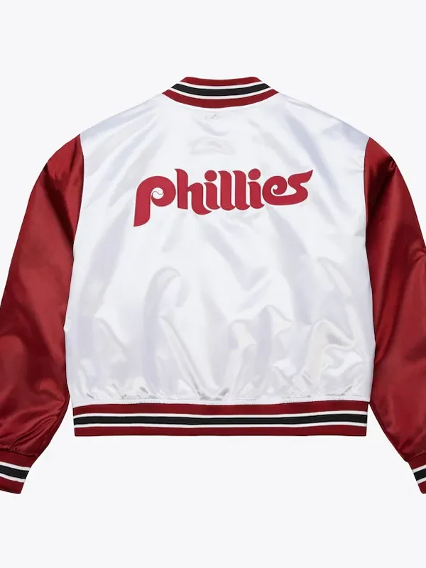 Womens Philadelphia Phillies Cropped White and Red Satin Jacket