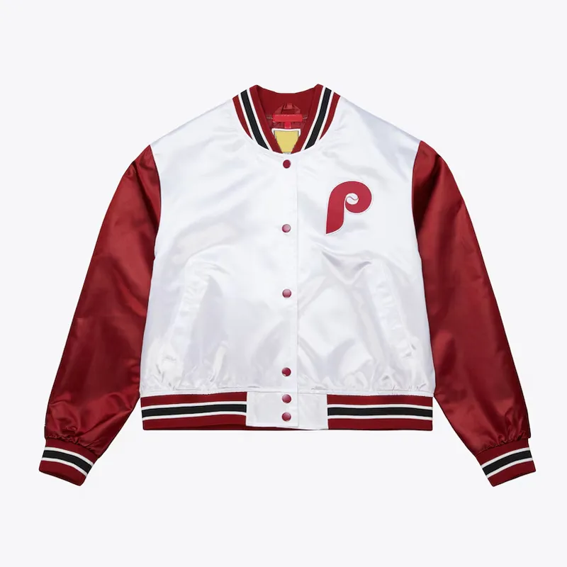 Womens Philadelphia Phillies Cropped White and Red Satin Jacket Womens Philadelphia Phillies Cropped White and Red Satin Jacket