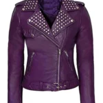 Women’s Purple Biker Studded Genuine Leather Jacket