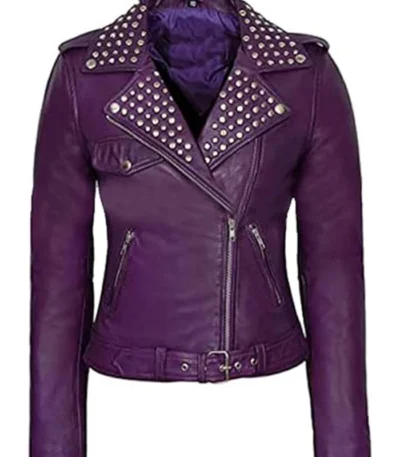 Women’s Purple Biker Studded Genuine Leather Jacket