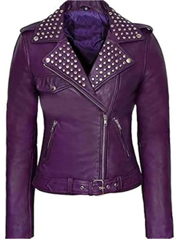 Women’s Purple Biker Studded Genuine Leather Jacket