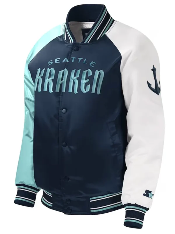 Youth Seattle Kraken Raglan Full-snap Varsity Satin Jacket