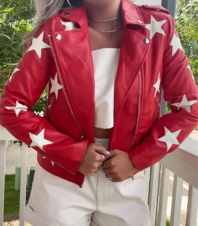 Polly Brindle Battle Camp S01 Red Star Print Leather Jacket