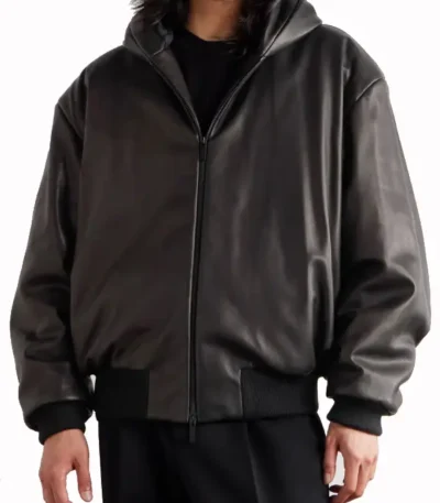 Oversized Padded Leather Hooded Bomber Jacket