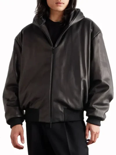 Oversized Padded Leather Hooded Bomber Jacket