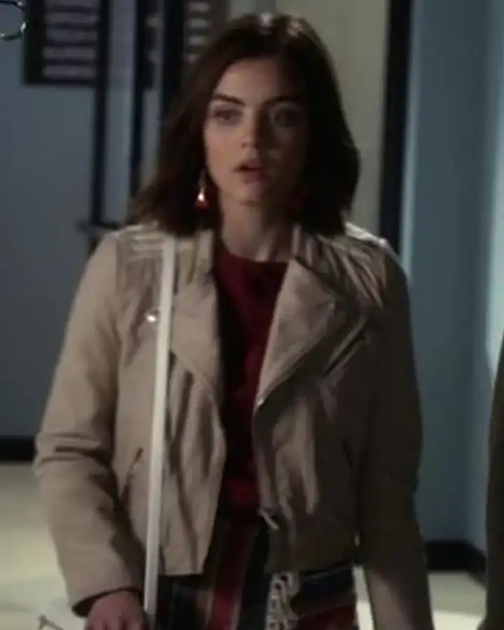 Pretty Little Liars S07 Lucy Hale Beige Biker Leather Jacket Pretty Little Liars S07 Lucy Hale Beige Biker Leather Jacket