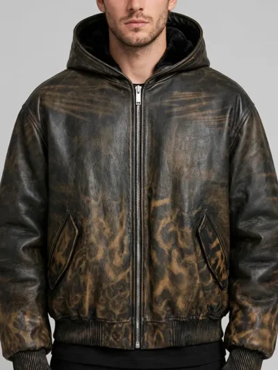 Cropped Leopard Print Leather Bomber Jacket